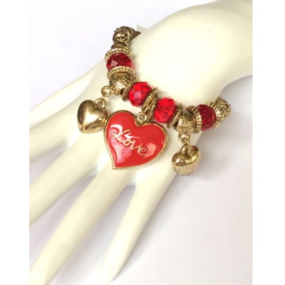 Gold Heart Charm Bracelet Red Enamel LOVE Chunky - Picture 2 of 8